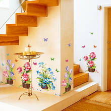 Free shipping DIY Wall Stickers Home Decor Potted Flowers Butterfly Kitchen Window Glass Stair Stickers Waterproof Decals 2024 - buy cheap