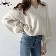 Suéter de punto de manga larga para mujer, Jersey holgado de talla grande, elegante, con cuello en V, sólido, 2021 2024 - compra barato