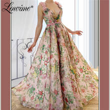 Floral Print Long Prom Dresses V Neck With Handmade Flowers   A-Line Wedding Party Dress Abendkleider Formal Dubai Evening Gowns 2024 - buy cheap