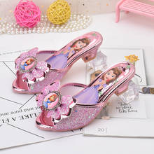 Disney-zapatillas de tacón alto de suela suave antideslizante para niños, zapatos de lentejuelas de cristal con dibujos animados de princesa Sophia, para fiesta y espectáculo de baile 2024 - compra barato