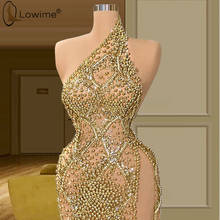 2020 Gold Beading Evening Dresses One Shoulder Mermaid Sexy High Split Evening Gowns Transparent Party Prom Dress 2024 - buy cheap