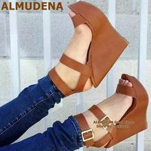 ALMUDENA Brown Matte Leather Wedges Sandals Ankle Buckle Strap Platform Dress Shoes Elegant Women Summer Heels Size47 Dropship 2024 - buy cheap