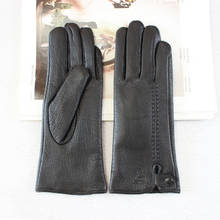 New women's fashion deerskin gloves leather velvet lining thin section driving black gloves to keep warm in autumn and winter 2024 - buy cheap