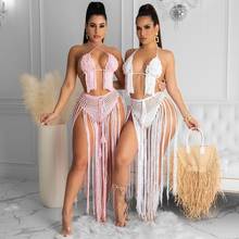 Sexy Vacation Outfits Beach Wear Crochet Tassel Dress Sets Bikini Top 2 Piece Skirt Set Summer Wholesale Items 2024 - buy cheap