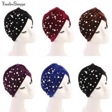 Muslim Women Ruffle Velvet Bead turban Hat Scarf Banadans Cancer Chemo Beanie caps Headwear Headwrap Ladies Hair Accessories 2024 - buy cheap