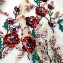 Блестящая трехмерная вышитая Цветочная сетчатая ткань с блестками, Высококачественная кружевная ткань для свадебного платья 2024 - купить недорого