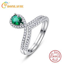 Bonlavie anel de prata refinada 100% 925, joia empilhável gota d' água cristal verde para mulheres joias para casamento e noivado 2 peças 2024 - compre barato