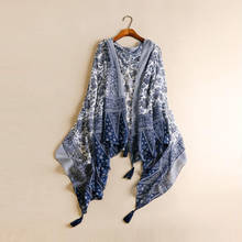 Элегантный синий и белый фарфоровый женский шарф из хлопка и льна женский шарф с кисточками шарф шаль новые продукты женский элегантный шарф 2024 - купить недорого