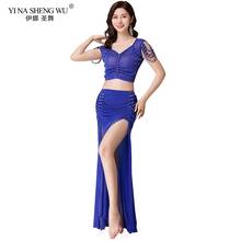 New Fashion Women Belly Dance Costume Set 2pcs Top Split Long Skirt Clothes Bellydance Oriental Dance Mesh And Beaded Dancewear 2024 - buy cheap