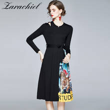 Elegant O-Neck Long Sleeve Women Dress Vintage Print Patchwork Pleated Midi Dress 2020 Autumn Female Ethnic Retro Belt Dress 2024 - buy cheap
