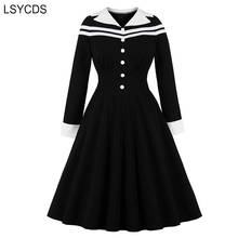 LSYCDS Autumn Long Sleeve Black Dress Elegant Women Button Front Contrast Notched Neck Stripe Midi Swing Vintage Dresses 2024 - buy cheap