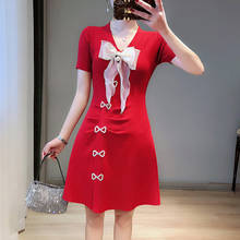 Knit Dress Summer 2021 Women Beaded Pearls Bows V Neck Short Sleeve Mini Dress Female Fashion Black Red Knitting Korean Dress 2024 - buy cheap