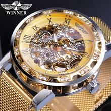 Winner Brand Golden Men Mechanical Watch Hand Winding Skeleton Rhinestone Mesh Steel Band Strap Male Wristwatch Relogio Dropship 2024 - buy cheap