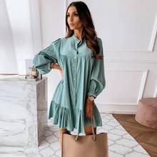 Feminino vintage ruffled frente botão a linha vestido de manga longa gola sólida elegante casual mini vestido 2021 outono novo vestido 2024 - compre barato