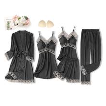 Black Sexy Women Robe Set Faux Silk Kimono Bathrobe Gown 5PCS Sleepwear Suit Hollow Out Lace Nightgown Home Wear Wedding Gift 2024 - buy cheap