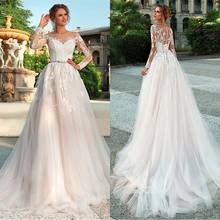vestido de noiva princesa 2021 Scoop Neckline Lace Wedding Dress Long Sleeve With Sashes Tulle Skirt Wedding Gowns 2024 - buy cheap
