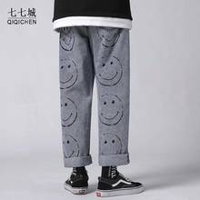 Джинсы мужские винтажные в стиле хип-хоп, свободные штаны из денима с принтом улыбки, прямые повседневные брюки с мультяшным принтом в стиле Харадзюку 2024 - купить недорого