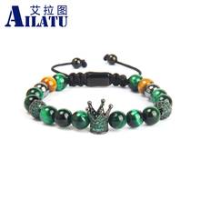 Ailatu conjunto de pulseiras de coroa, 10 peças verde & rosa, miçangas de pedra de olho de tigre natural, joias de macrame com fios 2024 - compre barato