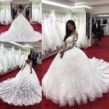 Vestido de novia de encaje de manga larga, apliques con cuentas de cristal, espalda transparente, de talla grande 2024 - compra barato