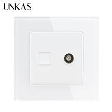 UNKAS White Luxury Crystal Glass Panel RJ45 Internet Data Computer Jack CAT5E Connector With Female TV Outlet Wall Socket 2024 - buy cheap