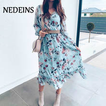 NEDEINS Autumn Women Elegant Dress Print Blue Sleeve Long Dress Ruffles Female Casual Dress Fashion Plus Size Dresses For Women 2024 - buy cheap