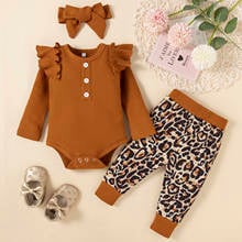 3Pcs Newborn Baby Girls Clothes Solid Ruffle Long Sleeve Rib Knit Romper Tops + Leopard Pants + Headband Autumn Infant Outfits 2024 - buy cheap