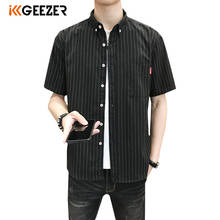 Camisa masculina listrada com manga curta, camisa formal preta de alta qualidade com bolsos justos para verão 2024 - compre barato