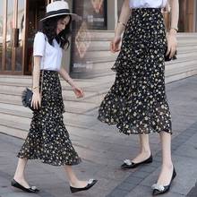 Elegant Chiffon Skirts Summer Women New Floral High Waist Irregular Ruffle Black Blue Mid-Calf Skirts Chic Female Bohemian Skirt 2024 - buy cheap