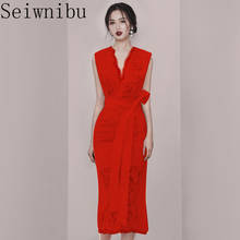 Seiwnibu New Bow Maxi Lace Dress Slim Bodycon Fashion V-neck Sexy Hollow Out Work Casual Dresses Women Bodycon Vintage Vestido 2024 - buy cheap