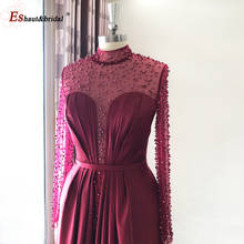 Elegant Wine Red Evening Dress 2022 Dubai Aline High Neck Long Sleeves Satin Chiffon Pearls Ruffles Formal Prom prom Party Gowns 2024 - buy cheap