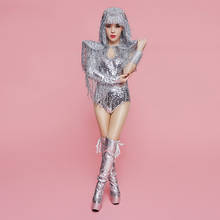 Sexy Silver Sequins Shrugged Tassel Bodysuit Stretch Party Costume Female Singer Dance Team Show Bodysuits stage show clothing 2024 - buy cheap