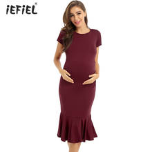 Womens Maternity Dress Ruched Short Sleeve Flare Ruffle Dress Solid Color Bodycon Midi Pregnant Dress Photography Props 2024 - buy cheap