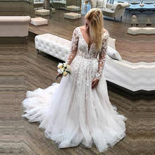 Long Sleeve V-Neck Wedding Dresses Boho 2020 Open Back Lace Tulle Beach Bridal Gowns Princess White Ivory Wedding Gown Plus Size 2024 - buy cheap