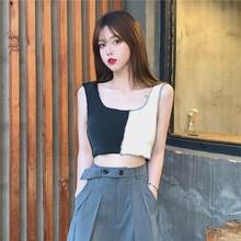 Top corto informal de estilo coreano para mujer, ropa de calle de Color con retales, Bodycon, camiseta sin mangas de punto, T609, 2021 2024 - compra barato