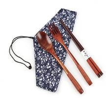 Vajilla de madera maciza de tres piezas con mango largo, cuchara de alambre enredada de estilo japonés, tenedor, palillos, Registro con bolsa de tela de almacenamiento 2024 - compra barato