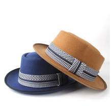 2019 2019 Men Women Wool Pork Pie Hat With Ribbon Outdoor Travel Wild Hat Wide Brim Jazz Flat Fedora Jazz Hat Size 58CM 2024 - buy cheap