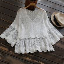 2020 Summer Women Blouse Loose V-neck Perspective Flower Embroidery Lace Shirt Japanese  Mori Girl Lolita Princess Tops Z912 2024 - buy cheap