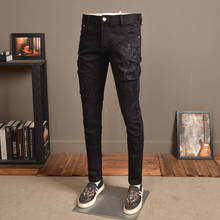 Calças jeans alto bordado de pavão preto brim masculina fashion stretch slim fit 2024 - compre barato