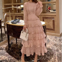 Pink Lace Embroidery Maxi Dress Female Spring Winter Full Sleeve High Waist Ruffle Elegant Long Party Dresses Woman 2022 2024 - buy cheap