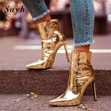 Bota feminina de inverno com zíper lateral, botas martin de cano curto dourado e prateado, brilhante para passarela 2024 - compre barato