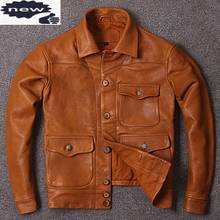 Solid Slim Vintage Genuine Jacket Mens Classic Lapel Single Breasted 100% Cowhide Real Leather Coat Fashion Man Clothes 2024 - buy cheap
