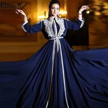 Moroccan Caftan Navy Blue Muslim Evening Dresses Party 2022 New A-Line Lace Long Sleeves Dubai Arabic Women Formal Evening Gown 2024 - buy cheap