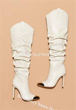 Новые модные женские туфли остроконечный металлический носок высокий тонкий каблук сапоги до колена Цвет: белый, черный, длинные, с высоким каблуком; мотоботы 2024 - купить недорого