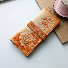 Estilo chinês artesanal margaridas carteiras personalizado escultura peônia bolsas feminino longo embreagem vegetal curtido carteira de couro presente 2024 - compre barato