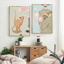 Pintura en lienzo de chicas con gatos nórdicos, carteles e impresiones minimalistas, arte de pared, imágenes de flores de cerezo para sala de estar y dormitorio 2024 - compra barato