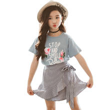Roupas de crianças meninas camiseta rosa + saia roupas de meninas listradas roupas de verão floral para crianças 6 8 10 12 14 2024 - compre barato