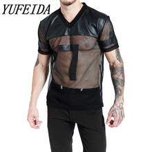 Men's T-Shirt Black Faux Leather Short Sleeve PU Undershirt Tank Top Waistcoat Underwear Mens Mesh See Through Short Sleeves 2024 - buy cheap