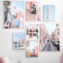 Póster e impresión de paisaje de ciudad, imágenes artísticas nórdicas de pared, arquitectura rosa y pintura de lienzo de calle para decoración del hogar, Cuadros 2024 - compra barato