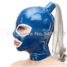 Handmade latex hoods with hair pigtail dark blue and white rubber mask hood back zip 2024 - buy cheap