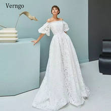 Verngo-Vestido de Novia de encaje completo, estilo coreano, bohemio, mangas abullonadas, línea A, cuello Barco, Vintage, 2021 2024 - compra barato